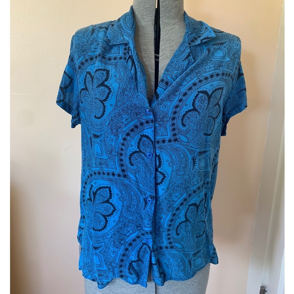 Saks Fifth Avenue Blue Paisley 100% Silk Short Sleeve Button Up Blouse Top 10